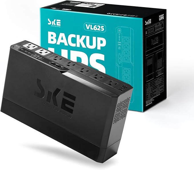 SKE VL625 625VA/360W UPS Battery Backup and Surge Protector - Uninterruptible Power Supply with AVR, 7 Outlets, USB and Type-C Charging, RJ45 Port for Computer, Router, Modem, and Home Office Devices
