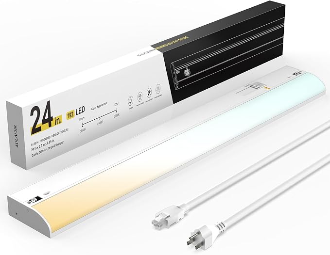 Under Cabinet Lighting Hardwired & Plug-in, 24 inch 3CCT Dimmable Linkable Under Counter Lights for Kitchen,with Power Cord and Linked Cord, CRI 97, 120V,16W,1400Lm, White