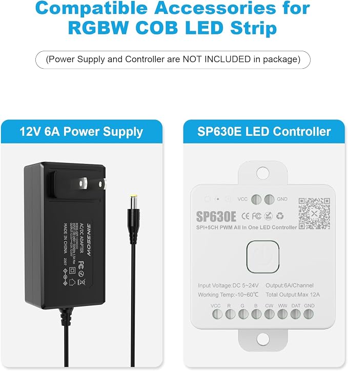 RGBW COB LED Strip Light 20ft RGB+2700K 12V Color Changing UL-Listed LED Light Strip Multicolored Flexible RGB Lights for Party Decoration Home DIY Lighting Projects(NO Adapter or Controller)