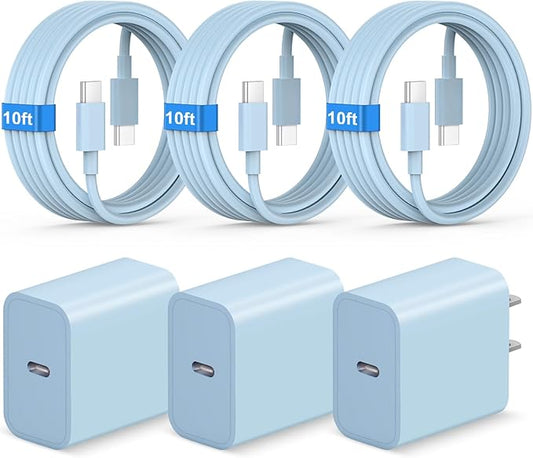 New iPhone 17 16 15 Charger Fast Charging 10FT Long Type C to C Cable with 3 Pack USB C Wall Charger Block Compatible with iPhone 17/17 Pro/17 Pro max/Air, iPhone 16 15 Pro Max/Plus, iPad Pro,Samsung