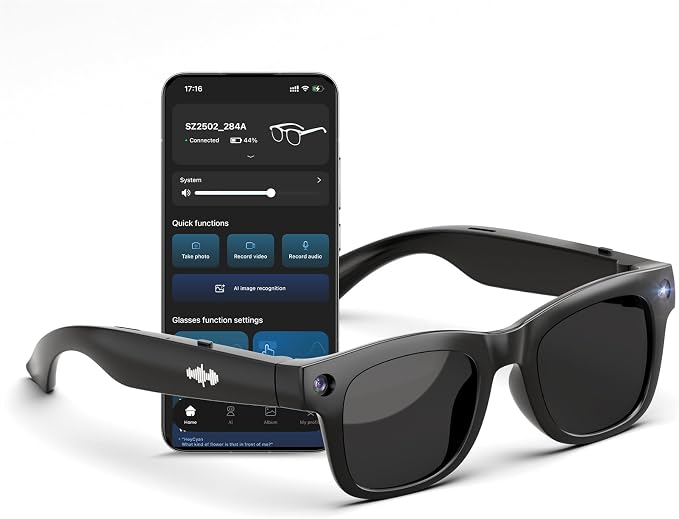 AI Smart Glasses with HD Camera, BT Call, 8MP Anti-Shake Camera Glasses with 1080P Video Recording Dual Mic, Simultaneous Interpretation/GPT Identify Objects, Black Lens