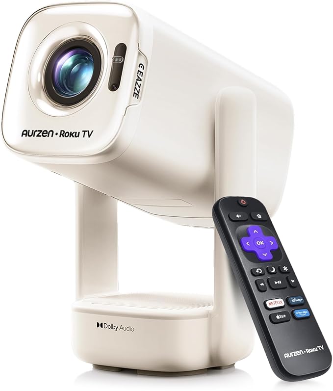 Aurzen Roku TV USB-C Powered Smart Portable Projector with Wifi and Bluetooth, D1R air Roku TV Built-in, Native 1080P, DoIby Audio, Mini Projector for Home, Soccer Game/Outdoor Movies, Off-White