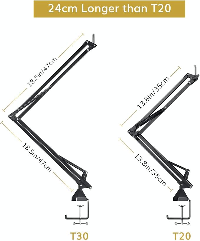 TONOR Microphone Arm Stand, Adjustable Suspension Boom Scissor Mic Stand with Pop Filter, 3/8" to 5/8" Adapter, Excellent Compatibility, Mic Clip, Upgraded Heavy Duty Clamp, 47 cm + 47cm, T30