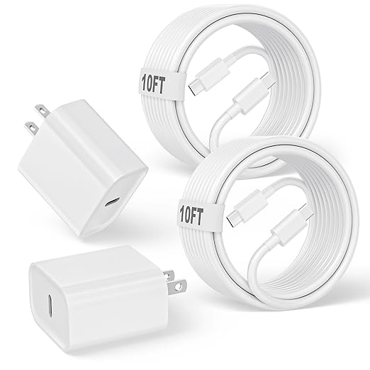 Extra Long USB C Fast Charger for iPhone 17 16 15 Fast Charging,20W Apple PD Quick Charger Block Adapter with 10FT Long Type C to C Charging Cable for iPhone 17 Air/16/15 Pro/Pro Max/iPad Pro/AirPods
