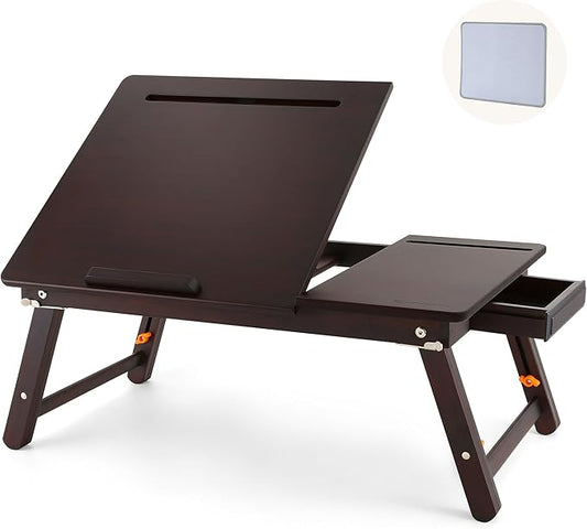 Nnewvante Laptop Desk, Height & Angle Adjustable Lap Desk Bed Tray Table, Foldable Laptop Table with Drawer, Mouse Pad, Tablet & Phone Slots for Working Reading Writing Eating, Black Walnut