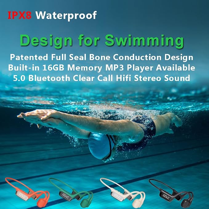 AYI True Bone Conduction Swimming Headphones with Bluetooth 5.4 & MP3 Player Mode 32GB Built-in Memory IPX8 Waterproof Screen Display Pain-Free Open-Ear Earphone for Sport and Work-Light Gray