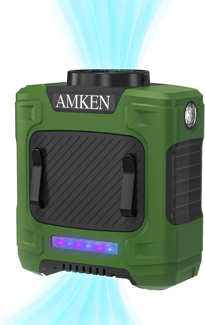 AMKEN Waist Fan, 10000mAh Rechargeable Belt Clip Fan, 24H Runtime, 49ft/s Strong Airflow, 3-Speed 7-in-1 Hands-Free Wearable with LED SOS Warning Light for Jobsite, Warehouse, Camping, Outdoor Work