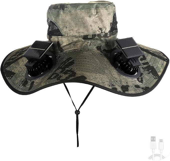 Outdoor Portable Summer Sun hat Fan with 2 Solar Fans, New Fisherman hat Fan,Powered by Solar/USB Batteries. Green
