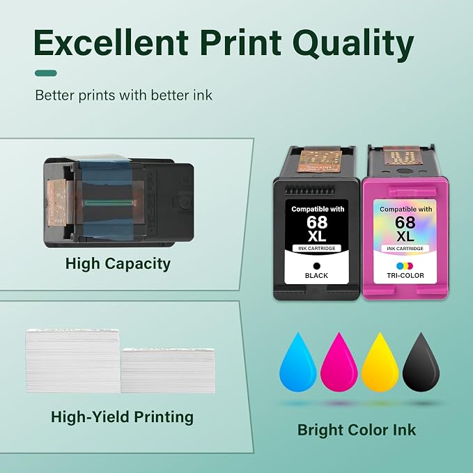 68 6155e 6555e 68XL 68e Ink Cartridges Black Color Combo Pack for HP68 Ink 68 XL Compatible for HP Envy 6100e 6500e Series Printers 6152e 6165e 6558e 6552e (2 Pack-1 Black, 1 Tri-Color)