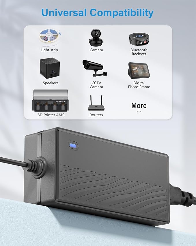 ALITOVE Upgraded 24V Power Supply 5A GaN 120W AC DC Adapter 100~240V to DC 24V Transformer Converter 5 Amp 4A 3A with 5.5 * 2.5mm/2.1mm DC Plug for AMS-2-Pro LED Strip Light CCTV Cameras