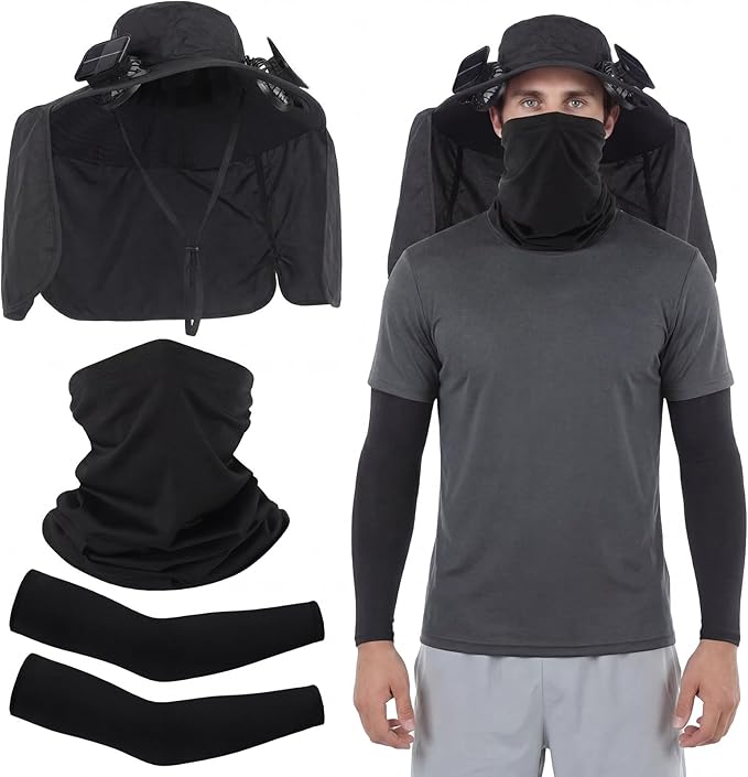 3 Pcs Solar Fan Hat with Arm Sleeves Neck Gaiter Wide Brim Sun Hat Solar Powered USB Charging for Men Women