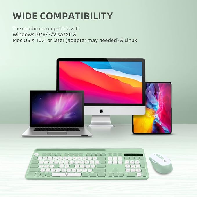 Wireless Keyboard and Mouse Combo,2.4G Ergonomic Keyboard with Foldable Stand and Phone Tablet Holder, Silent Mouse with Adjustable DPI, Compatible with Windows, Mac OS and Linux (KM-239W-WHGN)