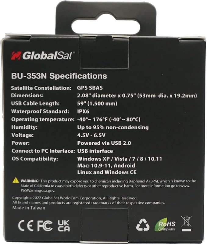GlobalSat BU-353N USB GPS Receiver, Black, Made in Taiwan