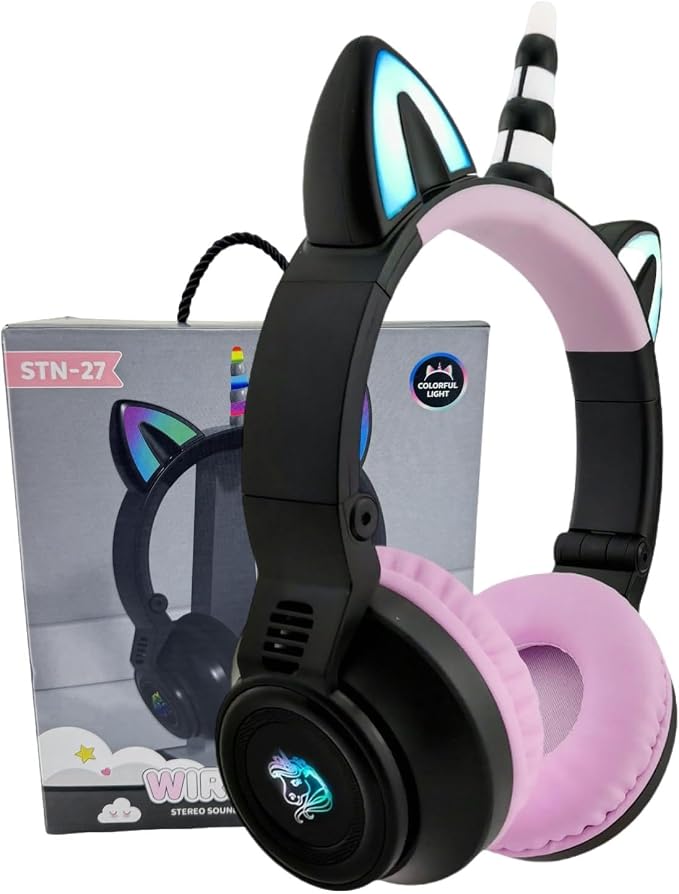 Unicorn Headphones for Girls,Bluetooth Unicorn Headphones Toddler School Laptop Cellphones Plane use, Light Up Wireless Kid Headphone Birthday Gifts (Black)