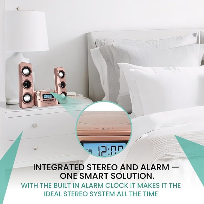 Philco Stereo Shelf Systems Compact CD Shelf System with Digital FM Stereo Radio, Bluetooth Wireless Technology, and Remote Control | LCD Display | MP3 & AUX Port Compatible | USB Playback (Rose Gold)