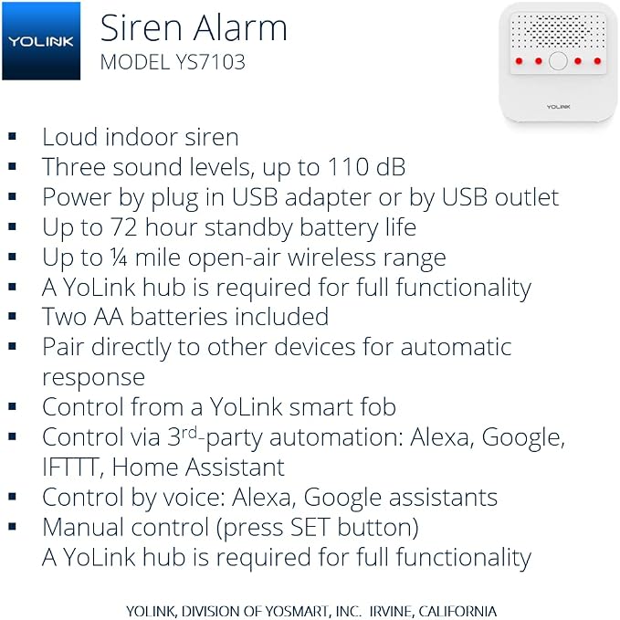 Smart Siren Alarm, Loud 110 dB, Wireless Security Siren for Home Security/Intrusion/Burglar, Panic Alerts, Audible Alerts, Remote Control, Alexa, Google, Home Assistant, IFTTT - Hub Required
