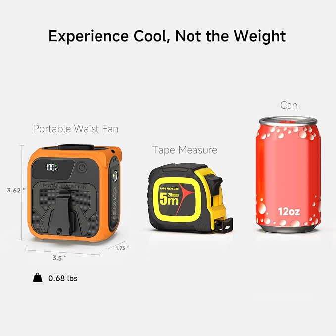 SEAINGO Portable Waist Fan Rechargeable – 10000mAh, 42 ft/s Max, 5 Speeds 16000RPM, Personal Cooling Wearable Clip Body Belt Shirt Fans, Hanging Neck Fan with Light