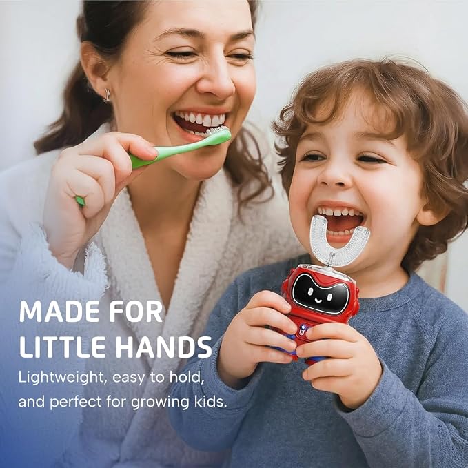 Well Before Kids U Shaped Electric Toothbrush with 5 Brush Heads, Ultrasonic, 5 Modes, IPX7 Waterproof Design (Spaceman, Red, Ages 2-7)