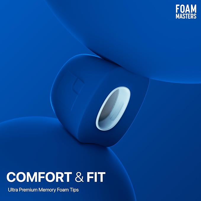Foam Masters Ultra-Premium Memory Foam Ear Tips for AirPods Pro 3rd Gen (2025) | 3 Pairs | New Ver. | Secure Fit | Super Comfort | Better Noise Cancel | Replacement Buds (Small, Blue)