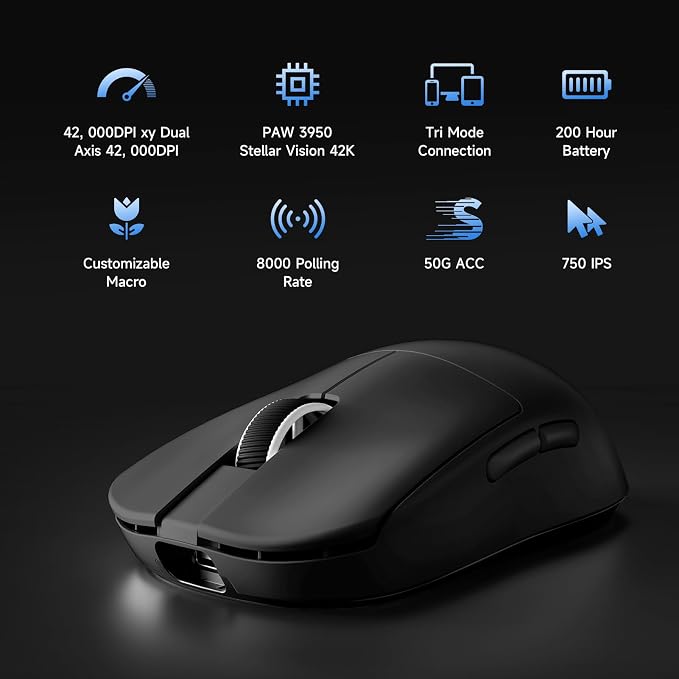 MCHOSE L7 Ultra+ Wireless Gaming Mouse, Lightweight 48g, Ergonomic Mouse with 42K DPI, PAW3950, Optical Switch, 20000 FPS, Dual 8K Polling and 7 Programmable Buttons, 3-Mode Connect, PC/Mac - Black