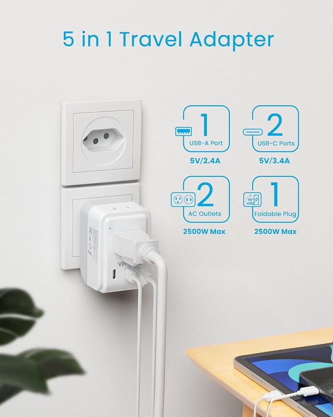 2 Pack Switzerland Travel Plug Adapter, VINTAR Foldable Type J Adapter Switzerland with 2 AC Outlets 3 USB Ports(2 USB C), Switzerland Power Adapter for US to Switzerland Rwanda Liechtenstein