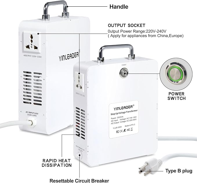 Yinleader 2000w Step Up Transformer 120v to 240v Voltage Converter 110v to 220v Using 220/230/240 Volt European Asian Appliances in US/CA/MX