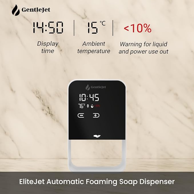 GentleJet EliteJet Automatic Foaming Soap Dispenser Touchless Sensor, LED Display, 5 Foam Levels, Wall Mount or Countertop, Rechargable USB-C or Battery Powered, Aluminum Alloy, 480 ml Refillable