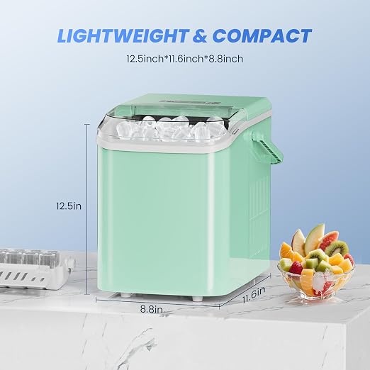 NEWBULIG Ice Makers Countertop with Handle, Portable Ice Machine, 9 Bullet Cubes in 6 Mins, 26lbs in 24Hrs, Auto-Cleaning, with Basket and Scoop, for Home, Kitchen, RV, Camping,Green