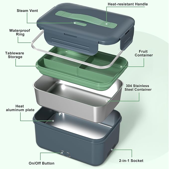 Vingud Electric Lunch Box 100W, 4 in 1 Heated Lunch Box for Adults, Heating Lunch Box for Work/Car/Truck with Fork Spoon and 1.8L Stainless Steel Container, 12V 24V 110V 220V, Dark Gray