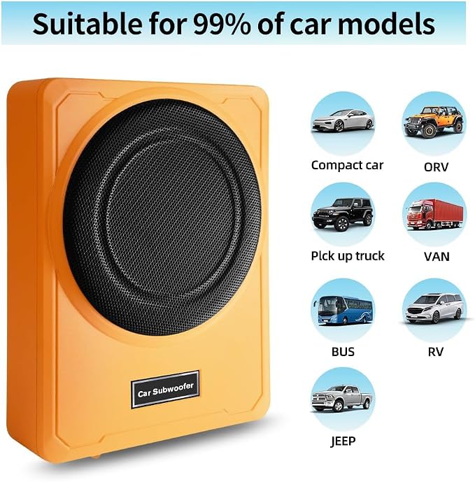Junsun Slim Under-Seat 10″ 800W Powered Car/Truck Subwoofer & Amp Combo – 220W RMS, Built-in Amplifier, High/Low Input, with Wire Mounting Kit (Vibrant Orange)