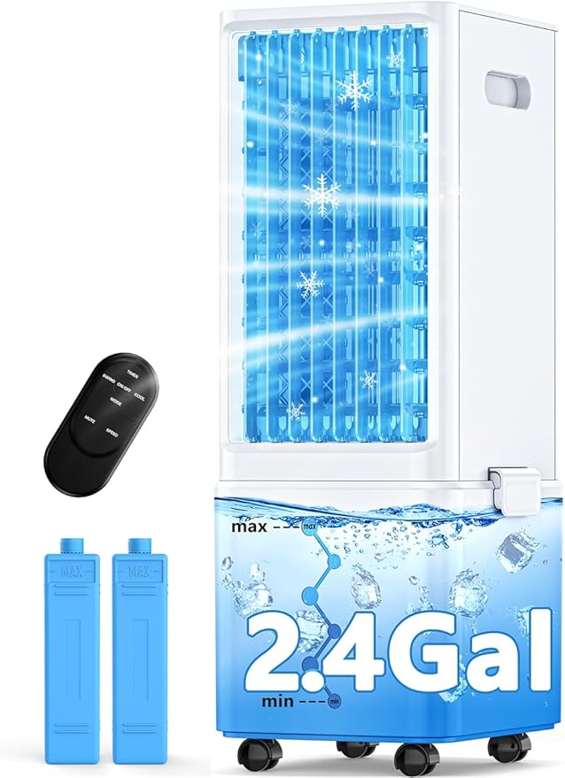 Windowless Air Conditioner w/4 Mode&3 Speed, Waterless Alert, 2.4-Gal Tank for 24H Cooling, 12H Timer,20FT Remote, 70° Auto Swing Evaporative Air Cooler, Portable Air Conditioners for Bedrooms