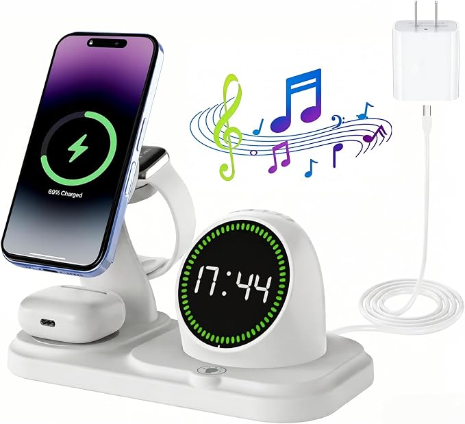 6 in 1 Wireless Charger Charging Station : Compatibility for iPhone 17 16 15 14 13 Pro Max Apple Watch, Charger Stand for Apple Devices, with Wireless Speaker and Digital Clock Ambient Lights (White)