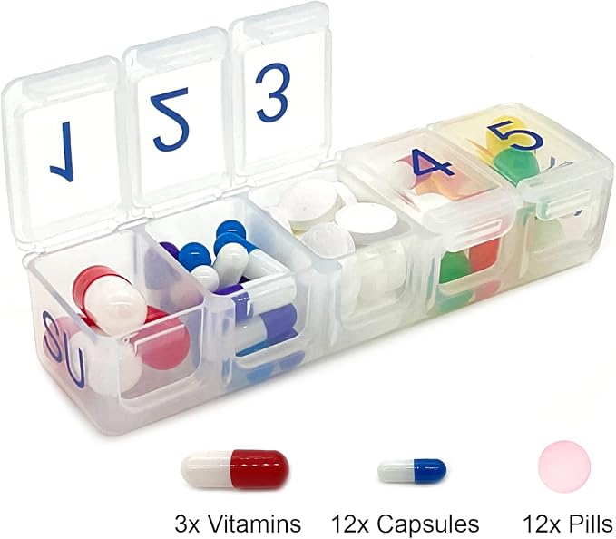 e-Pill 5 Times a Day x 7 Day Small Weekly Pill Organizer, Vitamin and Medicine Pill Box - with Discreet Case and Pill Reminder
