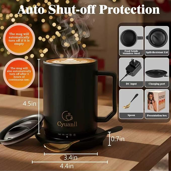 Upgraded Heated Coffee Mug with Auto Shut-Off Function,Self-Heating Temperature Control Mug with Lid and Spoon,Smart Mugs Warmer for Coffee,3 Temperature Settings,Gifts for Men and Women(Black-12 oz)