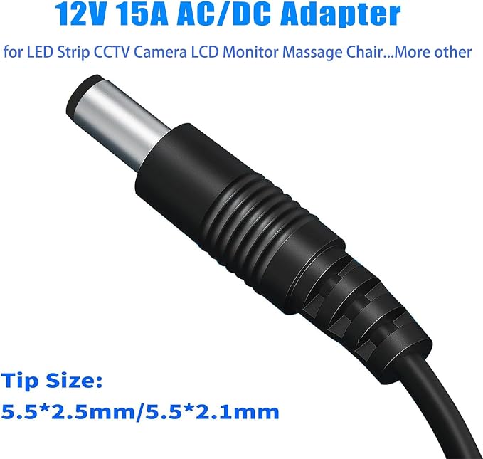 12V 15A AC to DC Adapter for 5050 3528 LED Strip Light Driver CCTV Cameras 3D Printer Security System LCD Monitor,12 Volts 15 Amps Power Transformer 5.5x2.5mm&5.5x2.1mm Pump Desktop AC to DC Converter