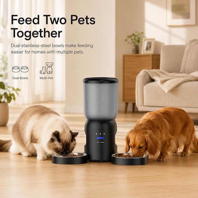 Smart Pet Feeder with Dual 2K Camera & AI Recognition, Dual Bowl Automatic Cat Feeder for Two Cats & Dogs, 6L WiFi Pet Feeder with App Control, 2-Way Audio, Motion Tracking, Anti-Clog Design
