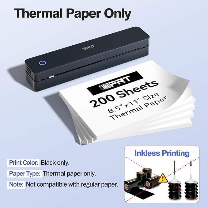 iDPRT Portable Thermal Printer Wireless for Travel, Printers for Home Use, Come with Carry Case& 10 Sheets Thermal Paper, Support 8.5x11 US Letter&A4 Thermal Paper, Compatible with Phone Laptop