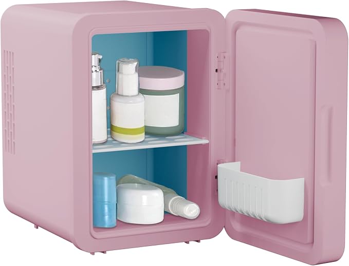 ELLE 4L Mini Cooler Fridge with LED Makeup Mirror for Skincare & Cosmetic Storage Cooler & Warmer Removable Shelf Carrying Handle AC DC Power Options Small Refrigerator for Bedroom Car Office Pink
