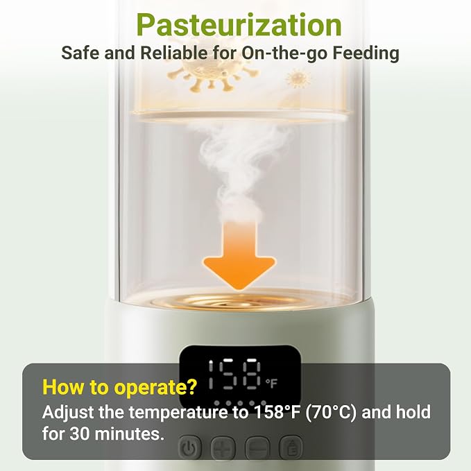 Portable Bottle Warmer, 17oz Large Capacity Milk Warmer for Baby, Fast Heating for Breast Milk & Formula & Water, Long Battery Life Portable Milk Warmer for Travel with Pasteurization, Green