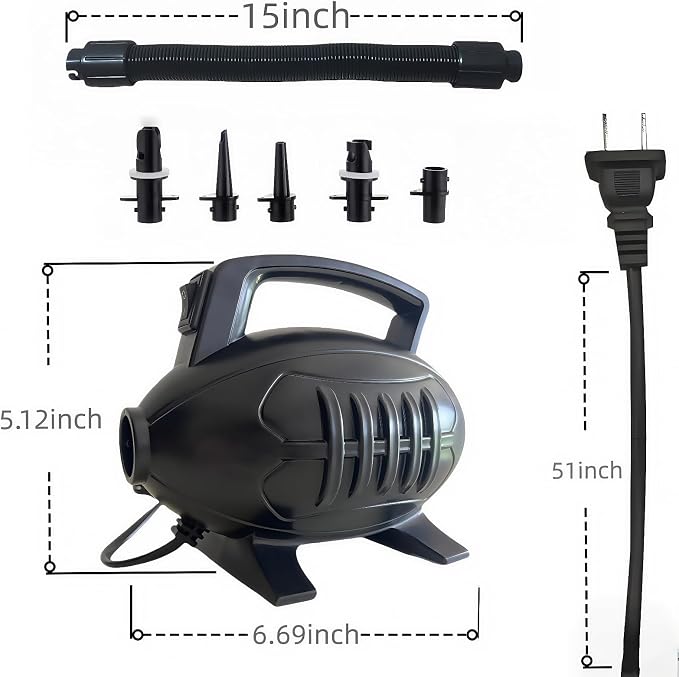 Electric Air Pump for Inflatables,Inflator/Deflator with 5 Detachable Nozzles, 110-120V AC, 600W, 510L/min, Suitable for Boat Fenders,Air Mattress, Pool Floats, Raft,Water Sports