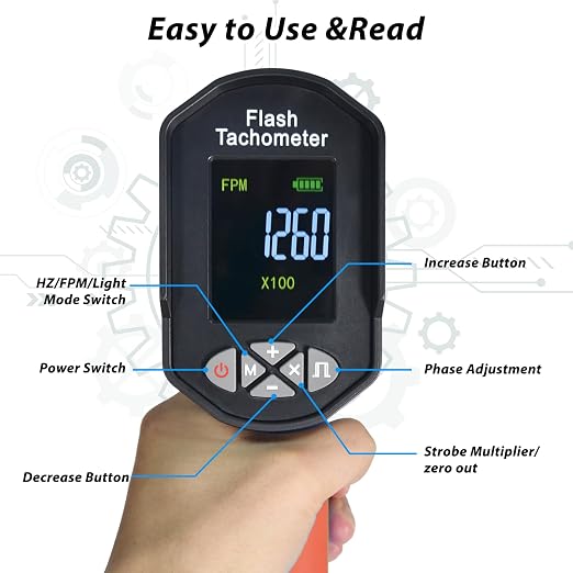Kethvoz Digital Stroboscope Tachometer, High-Precision Non-Contact RPM Meter (60~100,000 RPM), LED Strobe Light with Phase Adjustment, 0.001% Accuracy for Motor, Fan, Generator & Engine