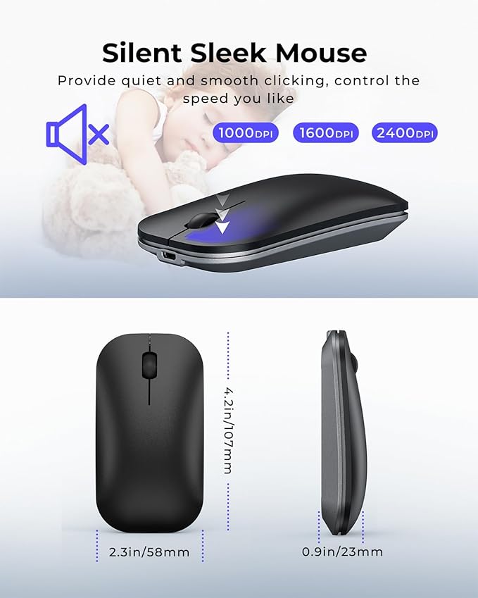 seenda Wireless Bluetooth Keyboard and Mouse Combo, SKM64-3 Rechargeable Slim Quiet Keyboard Mouse, 3 Multi-Device Connection, Compatible for Windows 11/10 PC Laptop Mac MacBook iPad, Black Gray