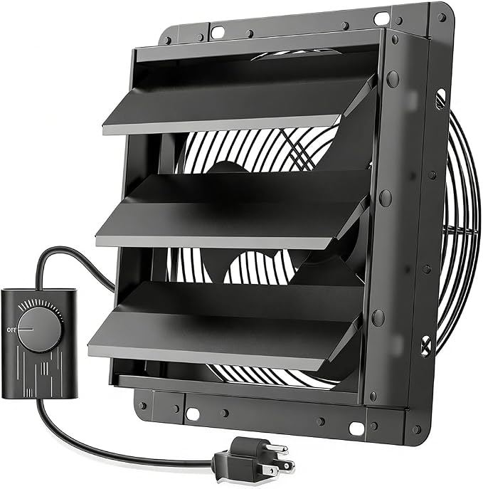 HG Power Upgraded 10 Inch Shutter Exhaust Fan with Speed Controller, 647CFM High-Speed Vent Fan with Mesh Screen, 1400RPM Wall Mounted Attic Fan for Shed, Garage, Greenhouse Ventilation, Black