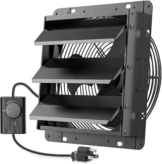 HG Power Upgraded 12 Inch Shutter Exhaust Fan with Speed Controller, 764CFM High-Speed Vent Fan, 1400RPM Wall Mounted Attic Fan for Shed, Garage, Greenhouse Ventilation, Black