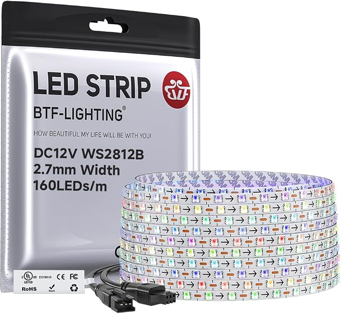 BTF-LIGHTING WS2812B IC RGB 2.7mm Ultra Narrow LED Strip 0807SMD DC12V Individually Addressable 16.4FT 160Pixels/m 800LED Dream Color Tape Light for Home DIY Decoration IP30 (No Adapter or Controller)