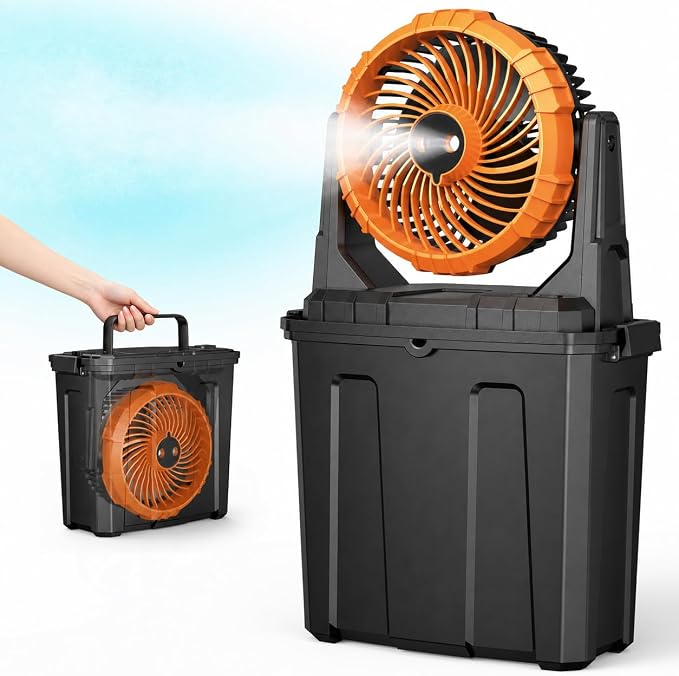 Ausic 1.35 Gal Portable Misting Fan, Outdoor Fans for Patios, [Max 30H] Rechargeable Battery Operated Fan, Bucket Mister Water Cooling Fan for Camping/Travel/Beach, 2 Large Spray Outlets
