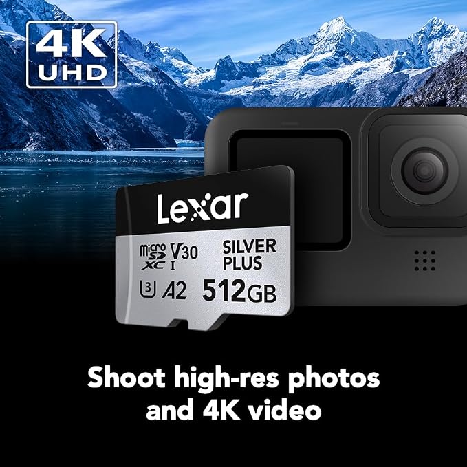 Lexar 512GB Professional Silver Plus Micro SD Card, UHS-I, C10, U3, V30, Full HD & 4K, Up to 205/150 MB/s microSDXC Memory Card, for Videographers, Gamers (LMSSIPL512G-BNANU)