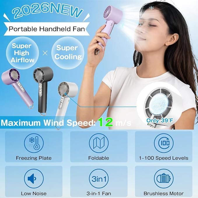 Portable Handheld Fan with Ice Cooling, 1-100 Speeds Fan with LED Display, 12m/s Wind Speed, Portable Fan for Travel, Outdoor, Camping, Hiking (Grey)
