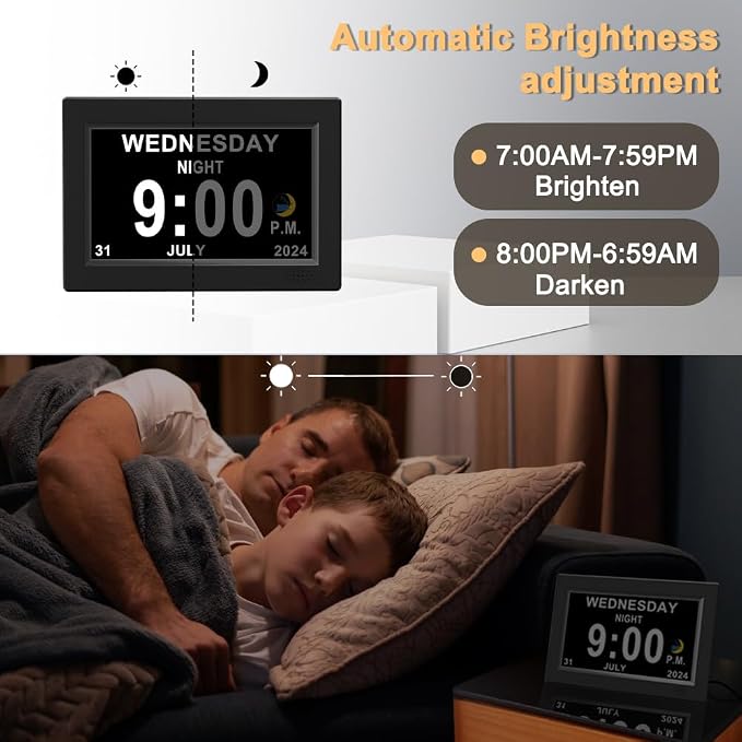 CAZOKASI 8inch Extra Large Impaired Vision Digital Alarm Clock with Day and Time for Elderly Calendar Clock No Battery Plug-in Power Outage Memory DST Auto Dimmable Clock