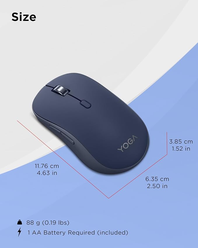 Lenovo Yoga Bluetooth Silent Mouse, 3 Level DPI Adjustment, 36 Month Battery Life, Bluetooth 5.3, 3 Device Paring, Whisper Quiet, Programmable Buttons, Smooth Finish, Cosmic Blue